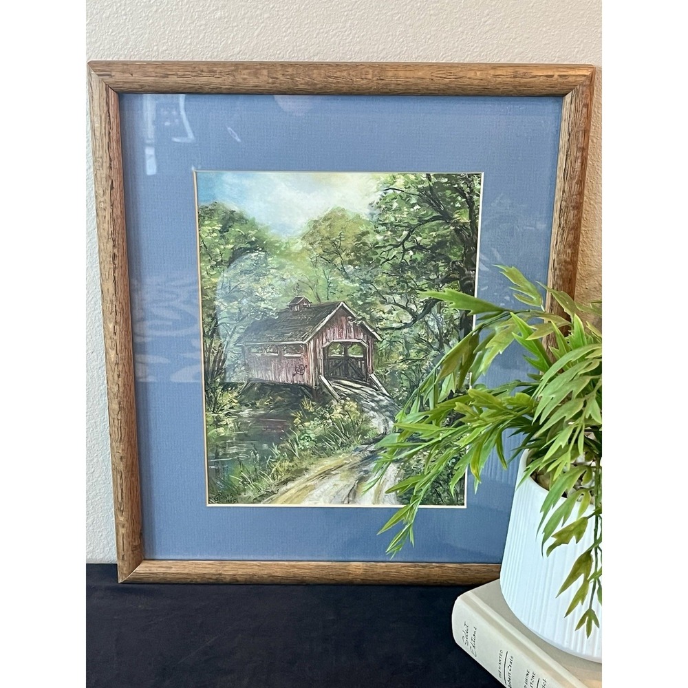 Vintage 1955 Kissing Bridge Framed Art Print Covered Bridge Americana 15.25"